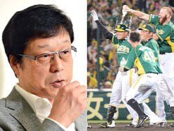 南信男・阪神タイガース球団社長(右)グリーンのユニホームを着たタイガースナイン