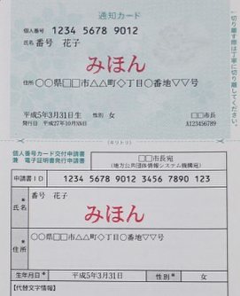 マイナンバーの通知カード(見本)
