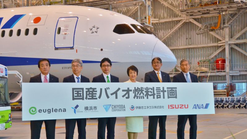 国産バイオ燃料計画を発表したユーグレナ出雲充社長(左から3人目)