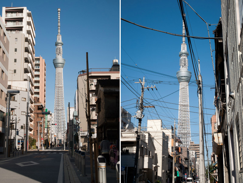 無電柱化や景観整備工事を終えた「タワービュー通り」の一区画(左)と、電線が交差するタワービュー通りから一本東を走る道路(右)=東京都墨田区で、中島和哉撮影