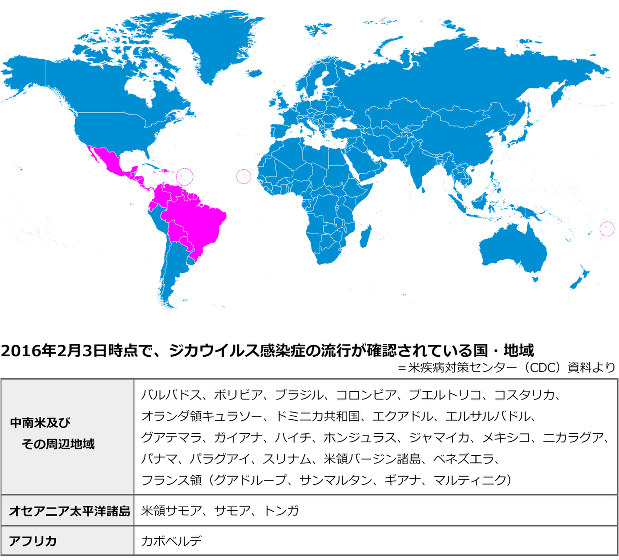 上記日時現在の「流行地」を示しており、過去の流行発生地は含まれていない。またCDCは、ジカウイルスは現在も拡散を続けており、今後どのような広がり方をするか見極めることは難しいとしている(一部の小さな国・地域は地図上の3カ所の円内にあります)