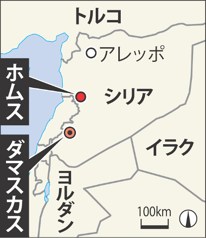 シリアの首都ダマスカスとホムスの位置