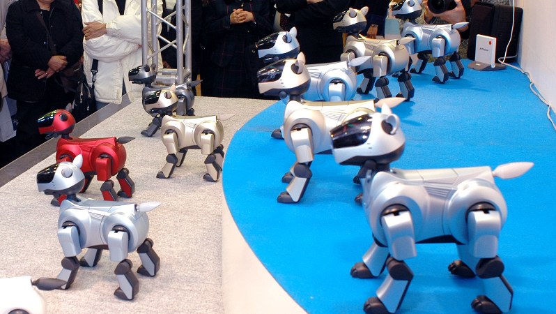 ミュージカルを演じるソニーのAIBO=JR名古屋駅コンコースで、草川博撮影