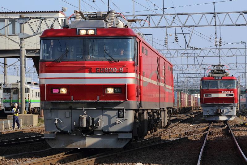 青函トンネル特別仕様の電気機関車「EH800形」。右奥は愛称・金太郎の「EH500形」=JR貨物提供