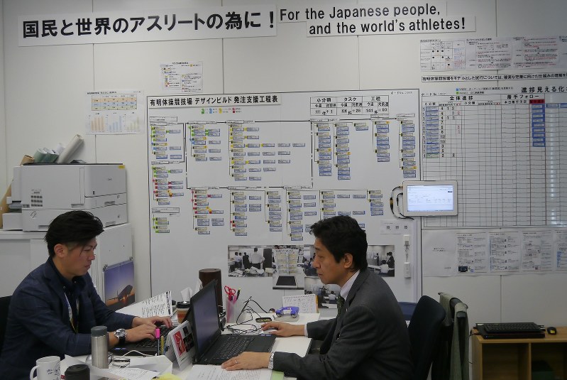 昨年11月に新設された「改革推進室」。工程の進捗(しんちょく)状況を壁に貼って「見える化」し、業務改善に取り組んでいる=組織委員会の「虎ノ門オフィス」で