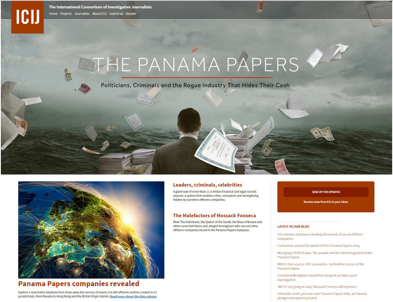 「パナマ文書」を公開した国際調査報道ジャーナリスト連合(ICIJ)のホームページ