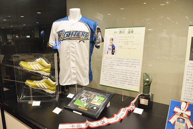 西川選手が2014年に盗塁王を獲得した際に贈られたトロフィー(右下)など=和歌山市本町2のわかやまスポーツ伝承館で、高橋祐貴撮影