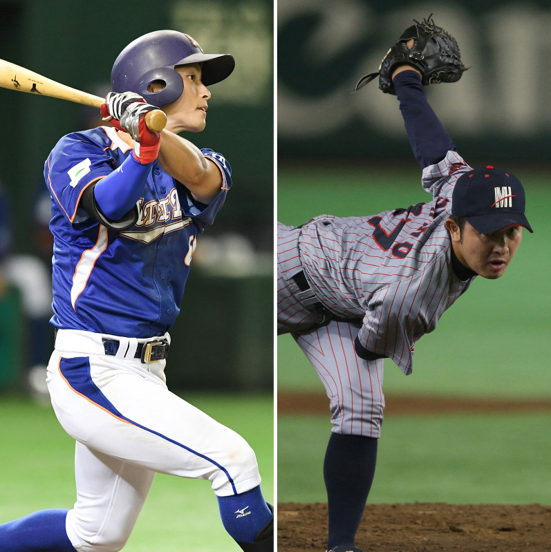 <右>初戦で先発した三菱日立パワーシステムズ横浜の大野=梅田麻衣子撮影<左>初戦で2点本塁打を放ったNTT東日本の福田周=野田武撮影