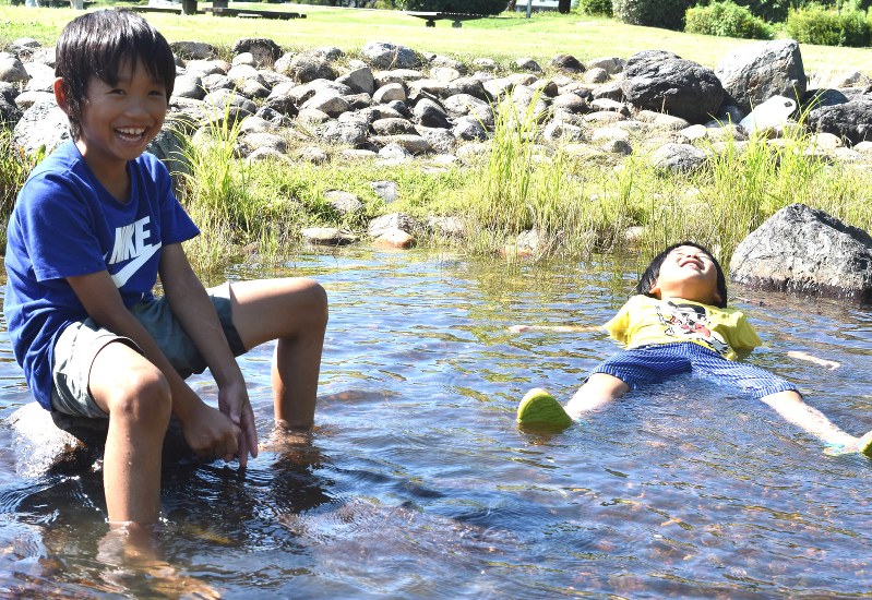 川遊びを楽しむ子どもら=新潟市中央区の鳥屋野潟公園で
