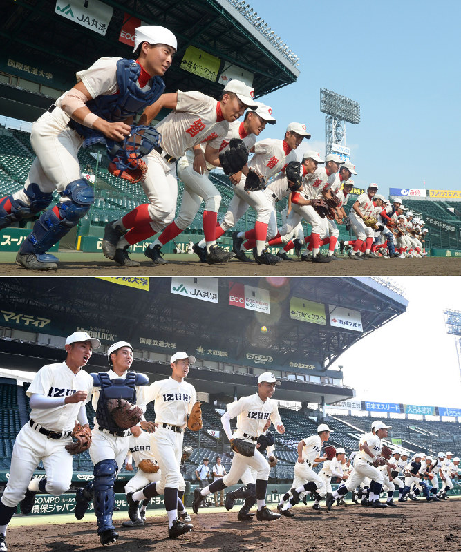 第2試合で対戦する<上>智弁学園と<下>出雲の選手たち=阪神甲子園球場で