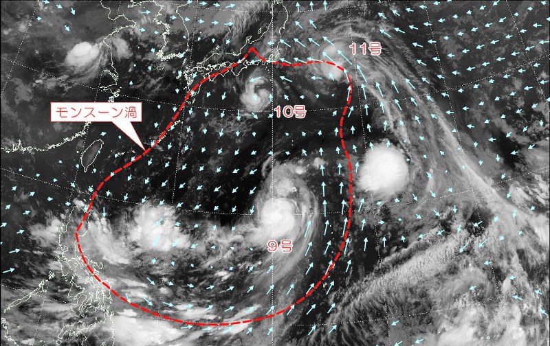 台風9〜11号が発生する前後の日本の南海上の大気追跡風の様子(矢印)。破線の内側がモンスーン渦=気象庁衛星センター提供の大気追跡風データを元に琉球大作成