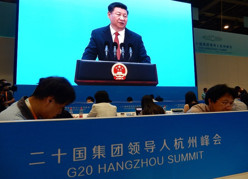 G20関連会合であいさつする習近平国家主席=2016年9月3日午後、赤間清広撮影