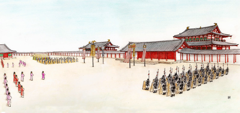 7本の旗竿が立てられた701年の元日朝賀のイメージ図=奈良文化財研究所提供、画・早川和子