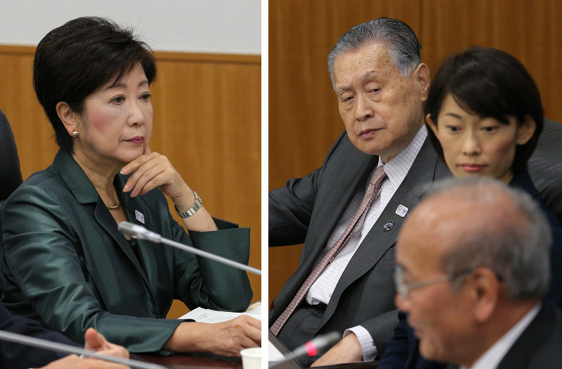 【右】東京五輪・パラリンピック調整会議に出席する(奥から)森喜朗東京五輪・パラリンピック競技大会組織委員会会長、丸川珠代五輪担当相【左】小池百合子東京都知事=いずれも文科省で2016年9月29日午前、後藤由耶撮影