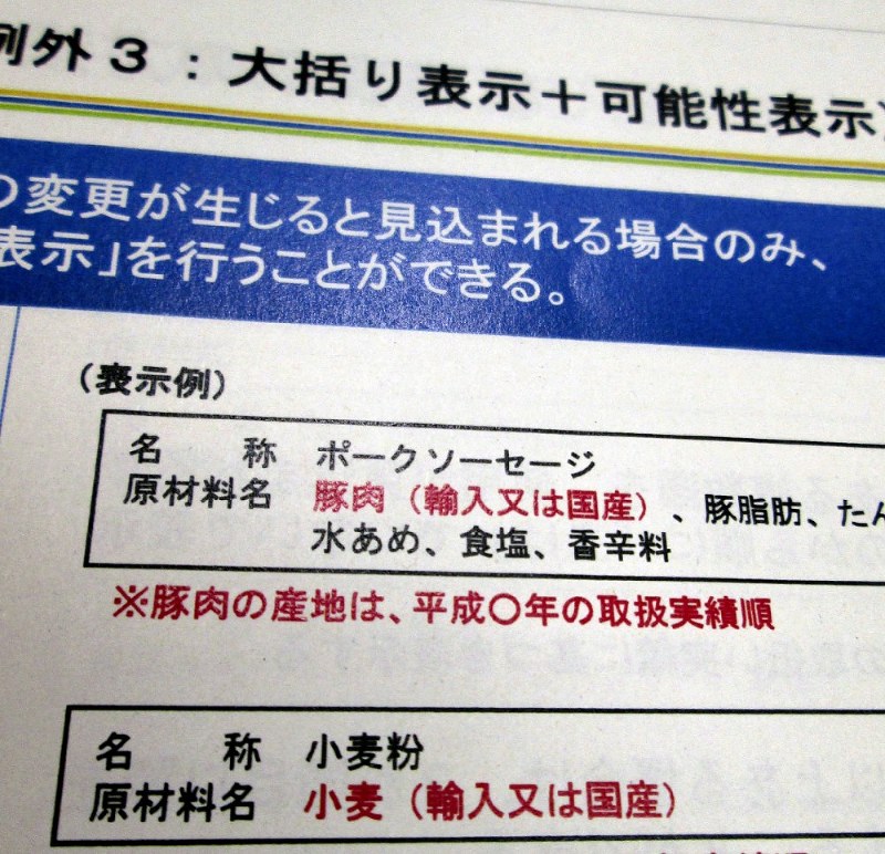国の素案が示す原産地の表示例。「輸入又(また)は国産」とある