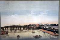 葛飾北斎が描いた水彩画。江戸の両国橋とみられる＝ライデン国立民族学博物館提供