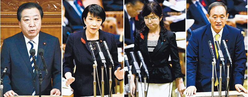 それぞれ白紙領収書の受け取りを認めた上で、「法律上の問題はない」などと答弁する(右から)菅義偉官房長官、稲田朋美防衛相、高市早苗総務相。民進党の野田佳彦幹事長(左端)も白紙領収書を受け取ったことを明らかにした=いずれも国会内で、藤井太郎撮影