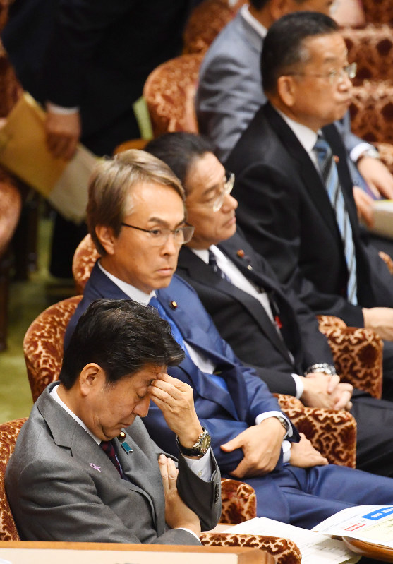 参院TPP特別委員会で質問を聞く(手前から)安倍晋三首相、石原伸晃TPP担当相、岸田文雄外相、山本有二農相ら=国会内で2016年11月14日午後4時22分、川田雅浩撮影