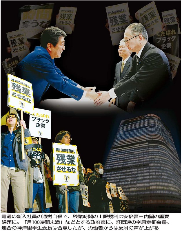 電通の新入社員の過労自殺で、残業時間の上限規制は安倍晋三内閣の重要課題に。「月100時間未満」などとする政府案に、経団連の榊原定征会長、連合の神津里季生会長は合意したが、労働者からは反対の声が上がる