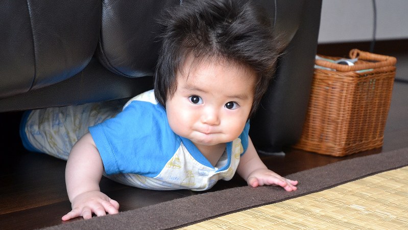 生後7カ月、うまく前に進めません=東京都中央区で関口純撮影