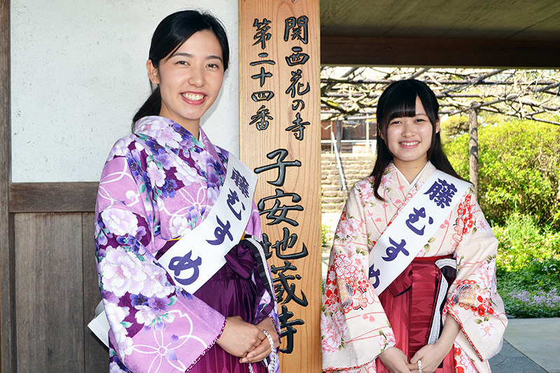 「藤むすめ」を務める木村凪沙さん(左)と下名迫愛実さん=和歌山県橋本市菖蒲谷の子安地蔵寺で、松野和生撮影