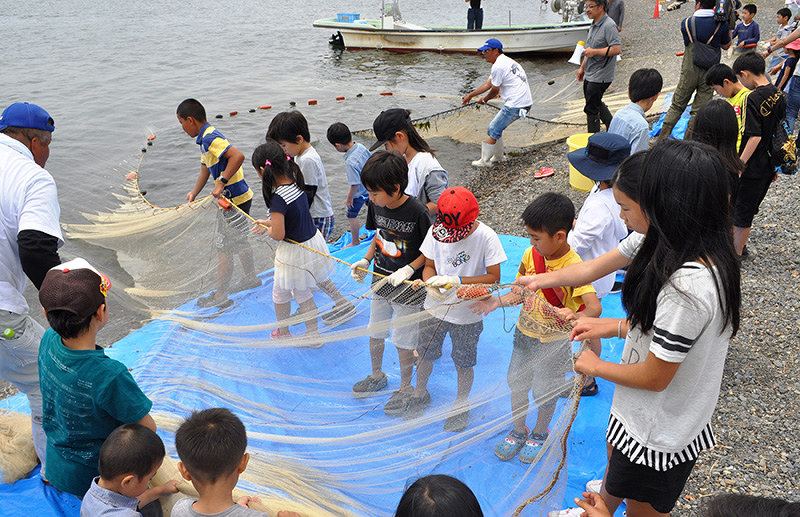 滋賀県漁連の協力で地引き網を引く児童たち=滋賀県高島市今津町で、塚原和俊撮影