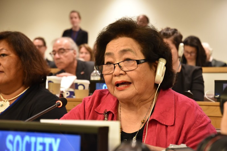 会議場で自らの思いを語るサーロー節子さん=ニューヨークの国連本部で7日午後4時29分、三木幸治撮影
