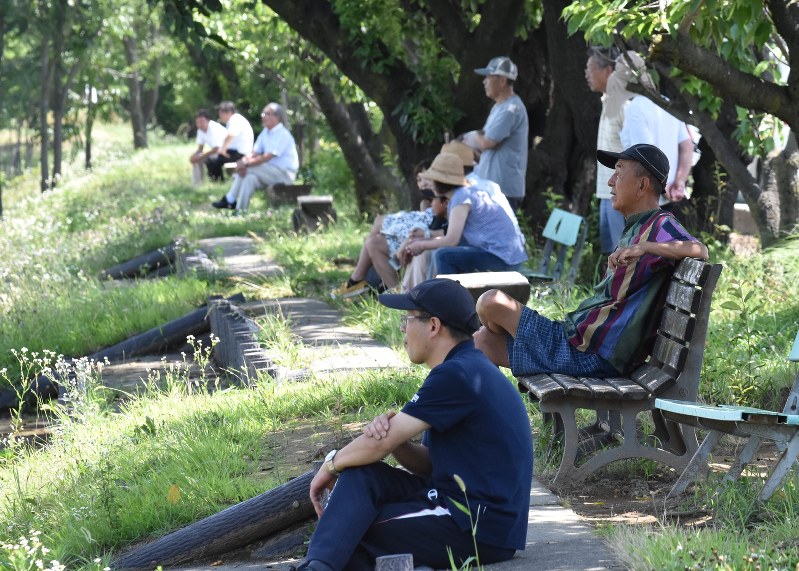 野球部の練習を見守る土手ファンの人たち=松本市で