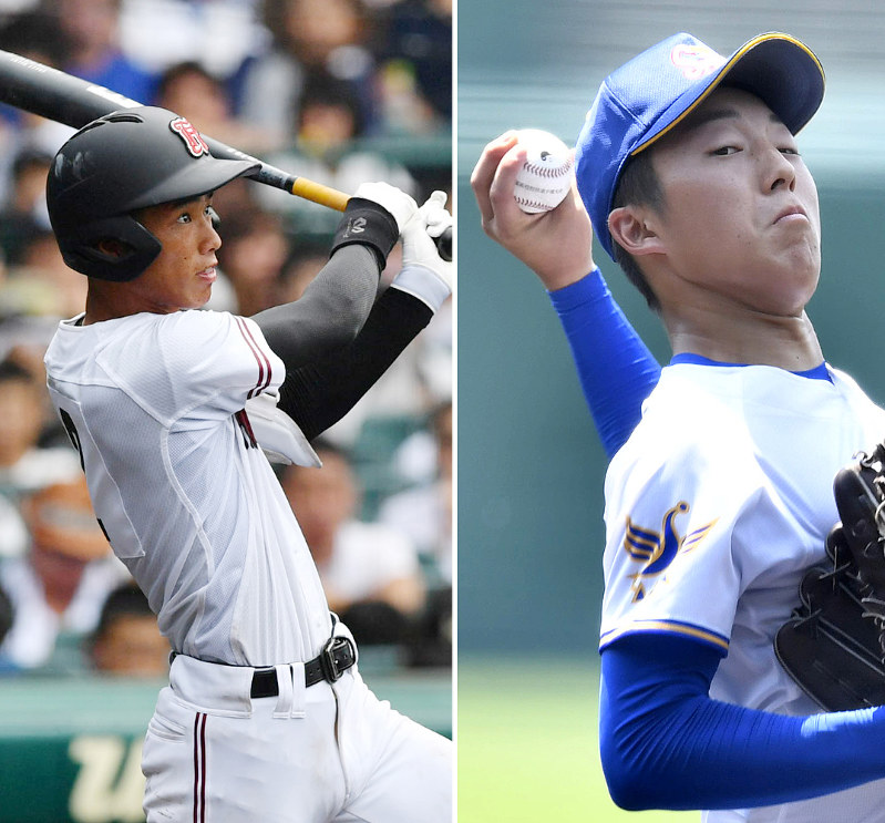 第1試合で対戦も予想される<右>秀岳館の川端投手と<左>初戦で本塁打を放った広陵・中村選手