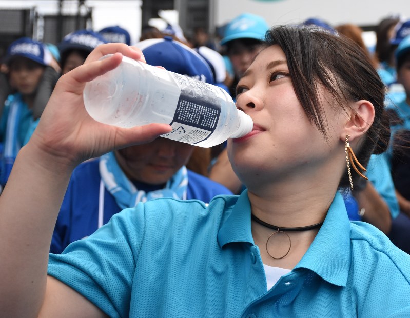 スタンドで「勝運水」を飲む浅野わかばさん=阪神甲子園球場で