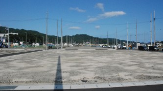 震災復興土地区画整理事業で地権者への土地引き渡しが終わっても更地が広がり、電柱ばかりが目立つ大槌町の町方地区=大槌町上町で2017 年9月5日、中尾卓英撮影
