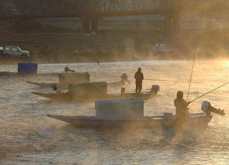 川霧の立ち込める中で落ち鮎を狙う釣りファン。こうした風景も貴重になるのだろうか＝高知県四万十市の四万十川で２００８年