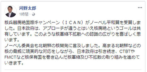 河野太郎外相のフェイスブックへの書き込み