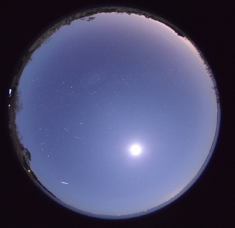 「ほうおう座流星群」の流れ星(画面左下の白い筋)。丸く明るい天体は月=2014年12月1日撮影(国立天文台提供)