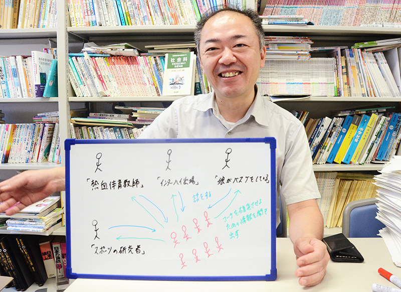 授業のイメージ案を基に知的障害のある高校生への主権者教育の意義を語る橋本康弘教授=福井大で、大森治幸撮影