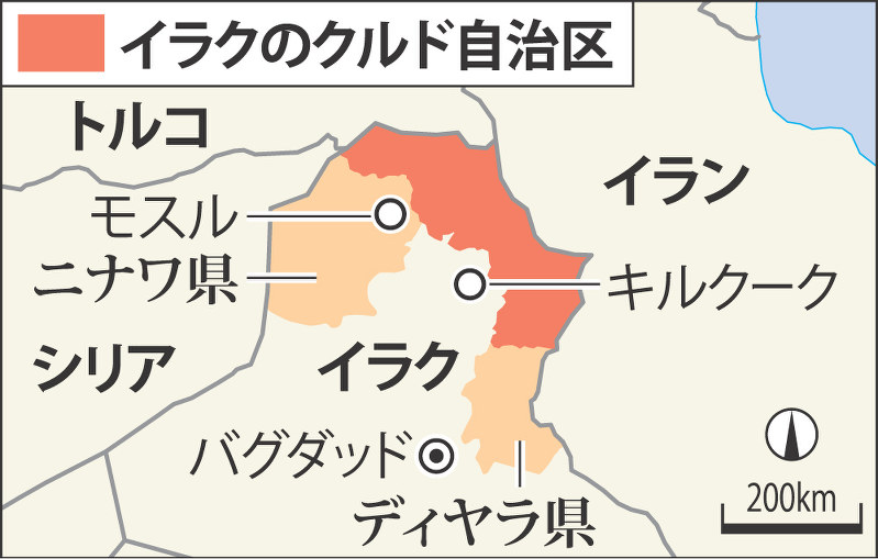 イラクのクルド自治区とニナワ県、ディヤラ県の位置