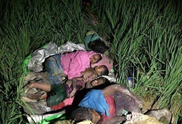 難民キャンプのあるバングラデシュ南東部コックスバザール郊外で、地べたで眠るロヒンギャの子どもたち=アウンティンさん提供
