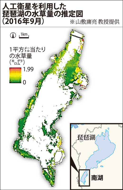 人工衛星を利用した琵琶湖の水草量の推定図
