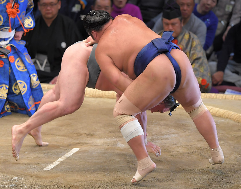 荒鷲(奥)が肩すかしで栃煌山に敗れる=福岡国際センターで2017年11月20日、徳野仁子撮影