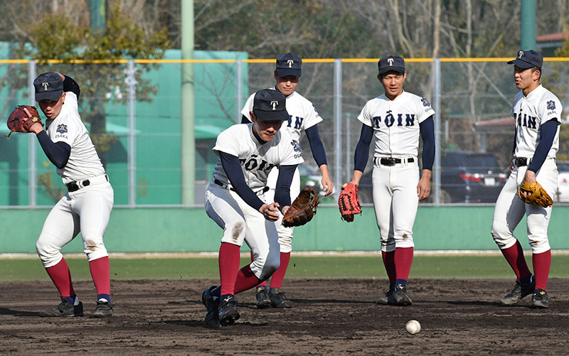 守備練習をする大阪桐蔭の選手たち=大阪府大東市の同校グラウンドで、猪飼健史撮影