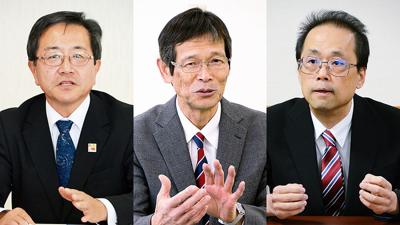 福井・あわら市長選候補者の横顔。右から届け出順に中川智和氏、大下重一氏、佐々木康男氏=いずれも大森治幸撮影