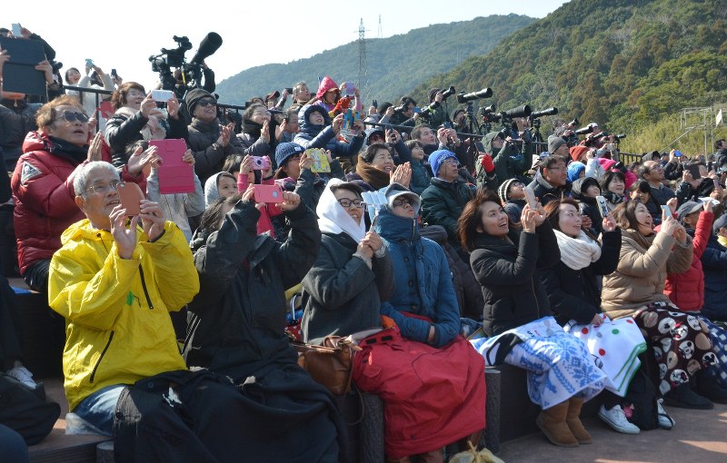 打ち上げとともに拍手をしたり、スマートフォンで写真撮影する見学者ら=鹿児島県肝付町の宮原ロケット見学場で2018年2月3日、林壮一郎撮影