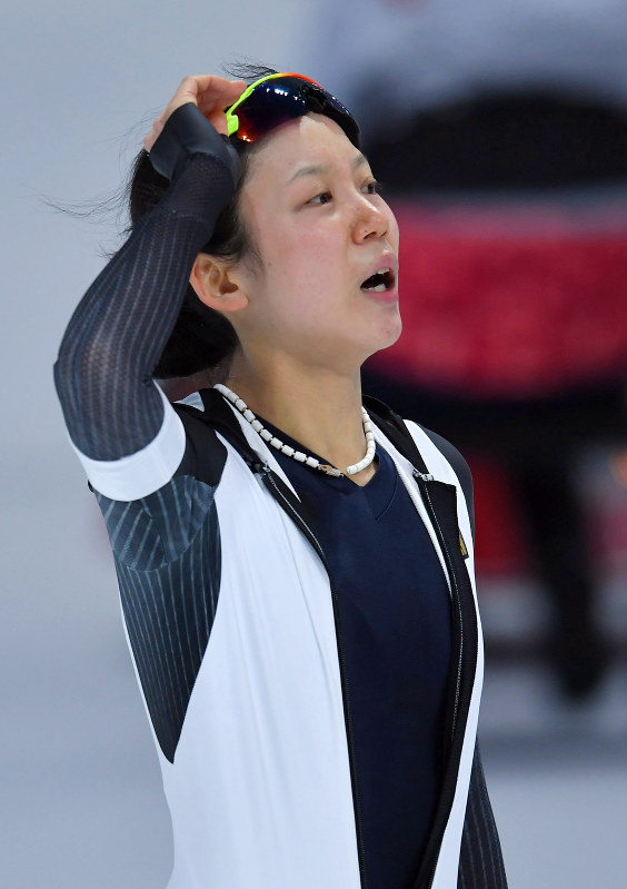スピードスケート女子3000メートルを滑り終えた高木美帆=韓国・江陵オーバルで2018年2月10日、手塚耕一郎撮影