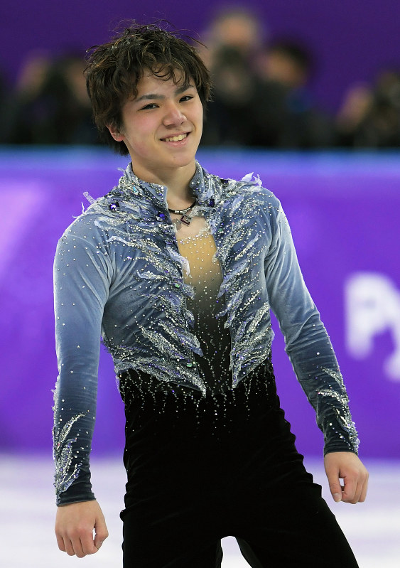 男子SPで演技を終え、笑顔を見せる宇野昌磨=江陵アイスアリーナで2018年2月16日、手塚耕一郎撮影
