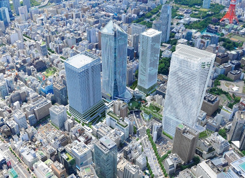 高層ビル4棟で構成される虎ノ門ヒルズの完成予想図。ビジネスタワー(左端)、レジデンシャルタワー(左から3棟目)、ステーションタワー(右端)が新設される。左から2棟目の複合施設「虎ノ門ヒルズ」は2014年6月に開業した=森ビル提供