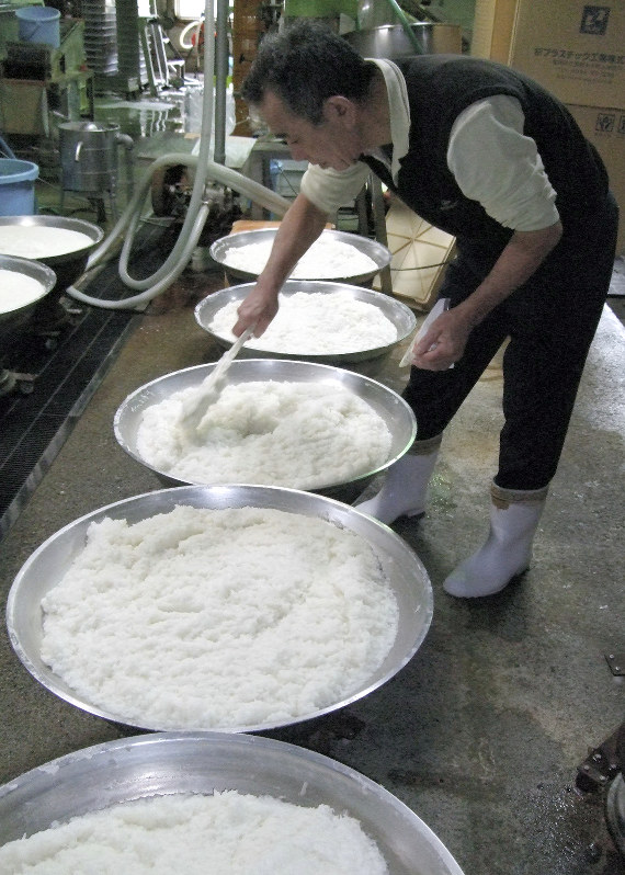 大鍋で発酵のときを待つ「みき」=鹿児島県龍郷町の高野食品で