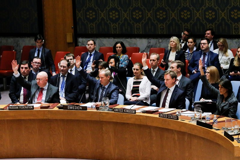 シリア全土で30日間の停戦を呼びかける決議案に賛成する国連安全保障理事会の理事国=国連で24日、ロイター
