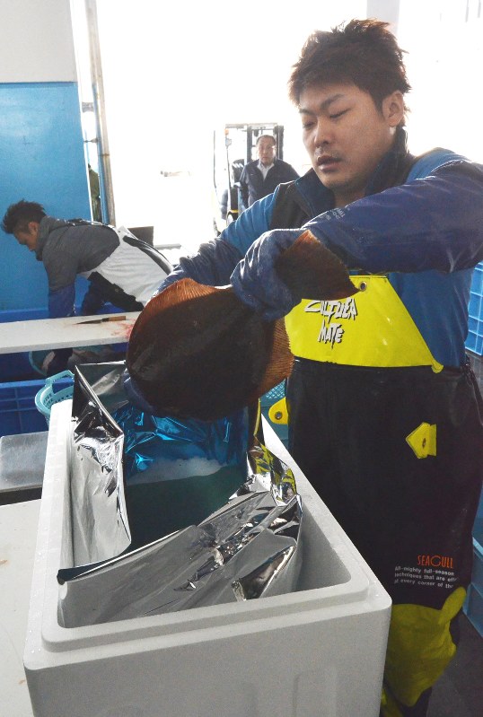 タイへ輸出するため箱詰めされるヒラメ。福島第1原発事故後に福島県産の鮮魚が輸出されるのは初めて=福島県相馬市尾浜の相馬原釜地方卸売市場で2018年2月28日午後3時半、尾崎修二撮影
