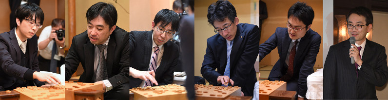 左からプレーオフに進出を決めた豊島将之八段、久保利明王将、広瀬章人八段、佐藤康光九段、稲葉陽八段、羽生善治竜王=静岡市葵区の浮月楼で2018年3月2、3日、丸山博撮影