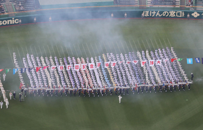 一斉行進する選手たち=阪神甲子園球場で、本社ヘリから三村政司撮影
